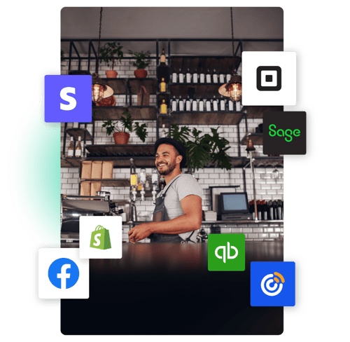 Cafe staff with business app icons Cafe staff with business app icons