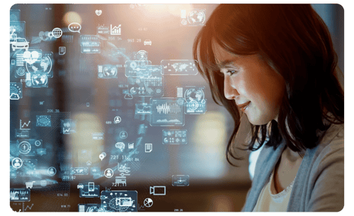 Female looking at a screen with digital icons around