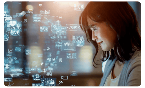 Female looking at a screen with digital icons around Female looking at a screen with digital icons around