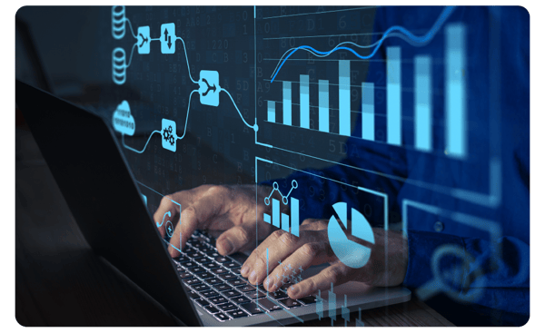 Hands typing on laptop keyboard with business metric icons around Hands typing on laptop keyboard with business metric icons around